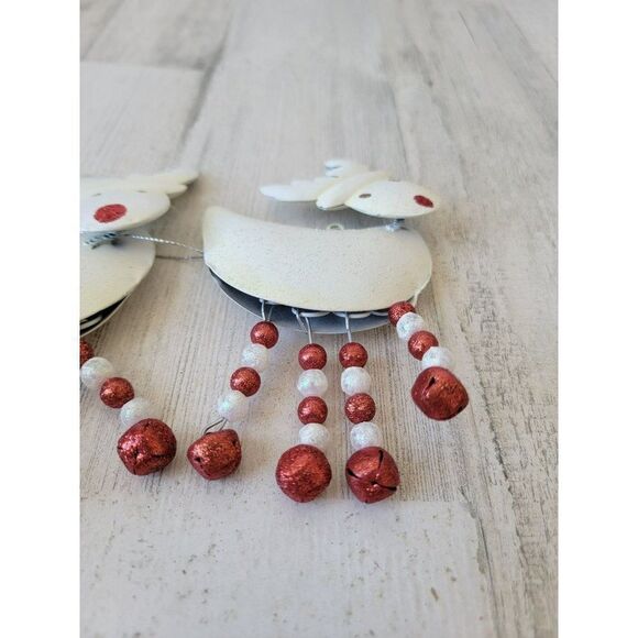 White Rudolph Red-Nosed Reindeer dangle feet Bell set glitter ornament Xmas - Picture 5 of 7